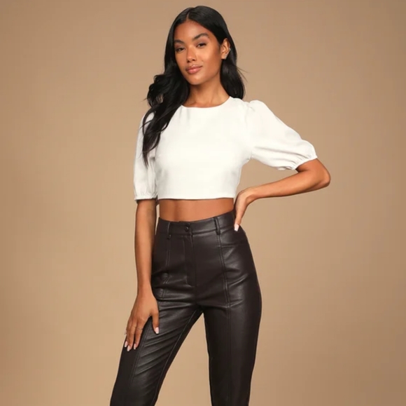 Lulus Subtle Flirt Ivory Puff Sleeve Lace-Up Crop Top - Small - Picture 4 of 6